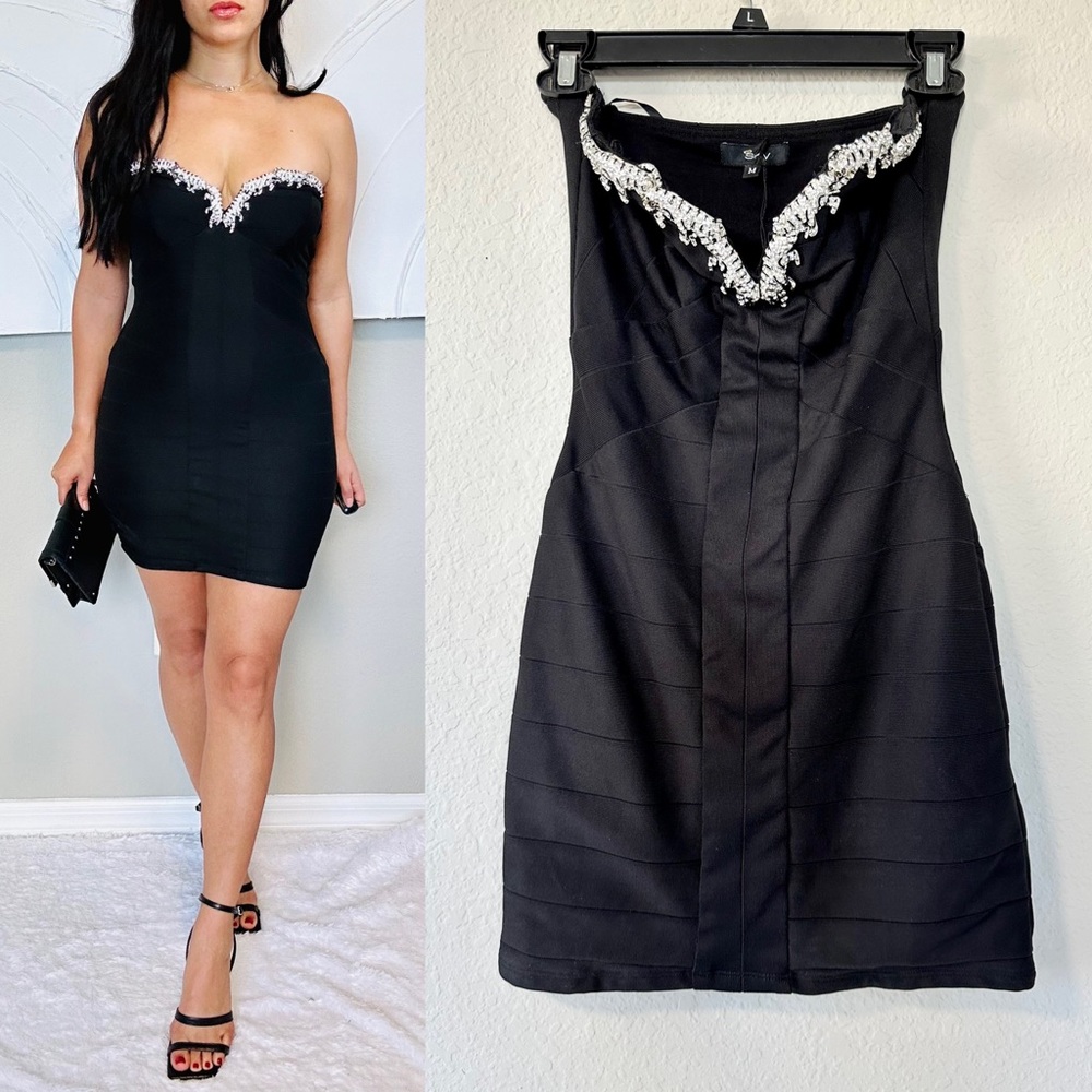 Sky Black Strapless Bandage Tiger Rhinestone Dress - Picture 1 of 14